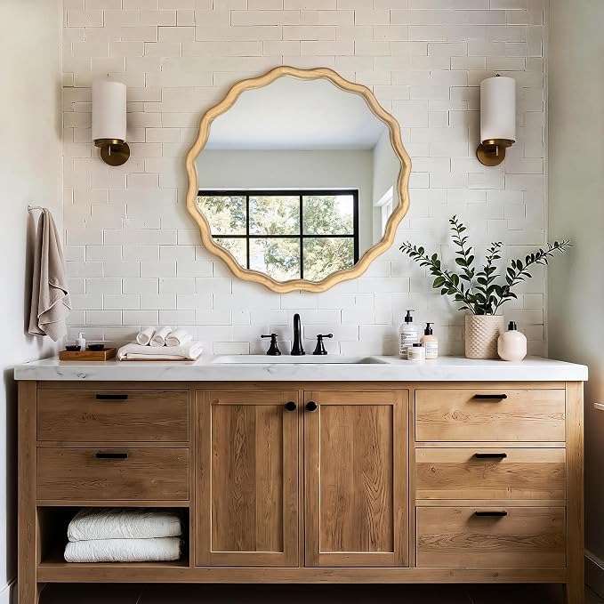 AMOISE Scalloped Round Mirror 24", Boho Wavy Wooden Frame Wall Mirror, Shatterproof Circle Accent Mirror for Bathroom, Bedroom, Entryway and Living Room