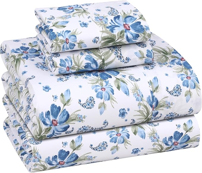 RUVANTI 100% Cotton California King Sheet Sets, 4 Pieces, Soft & Breathable Percale Weave Bedding, Deep Pocket 14", Hotel Standard, Crisp Cool Feel & Durable, Perfect Floral Sheets, Paislyona