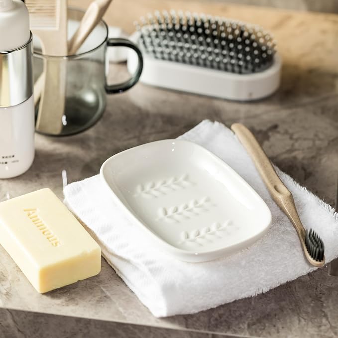 Miamolo Soap Dish Soap Holder Shower, Ceramic Soap Dishes for Bar Soap Sponge, Shower Soap Dish Soap Saver Tray for Bathroom Kitchen Sink, Easy to Clean, White (Pack of 2)