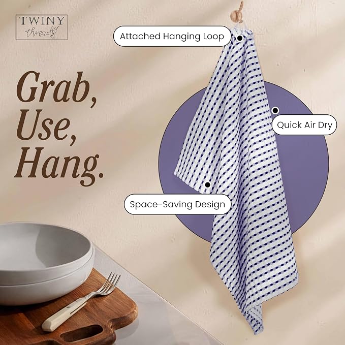 TWINY threads Waffle Kitchen Towels 4 Pack, 16x26 Inches Absorbent Waffle Weave Dish Cloth Set for Drying Dishes, Soft, Durable & Machine Washable Tea Towel, Quick Dry, Indigo Blue, White