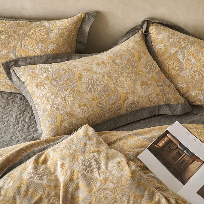 EAVD Vintage Style Yellow Floral Duvet Cover King Soft 100% Muslin Cotton Yarn-Dyed Jacquard Textured Bedding Set with 2 Pillowcases Linen Like Gauze Botanical Duvet Cover with Zipper Closure