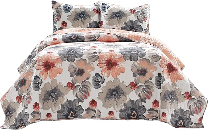 Lush Decor Leah Reversible Floral Quilt Set, 3 Piece Set, King, Coral & Gray - Watercolor Botanical - Cottage Core - French Country Decor- Bedding Queen Size