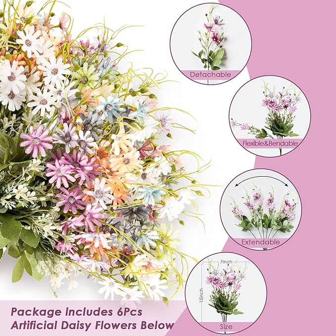 6 Bundles Wildflowers Artificial Flowers Outdoor Fake Daisy UV Resistant Silk Wild Flower Bouquets Bulk Faux Plants Plastic Greenery for Decoration vase Floral Arrangements Home Décor