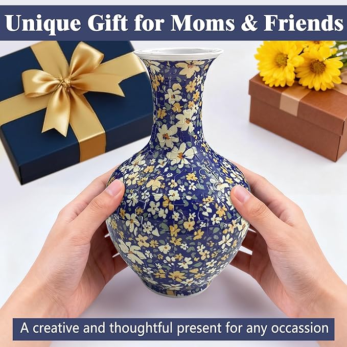 3D Puzzle Vase, 160 Curved Pieces DIY Flower Vase Craft Kit & 3D Puzzles for Adults, Creative Jigsaw Art Project Home Décor Centerpiece, for Women, Mom (Navy Floral Pattern)