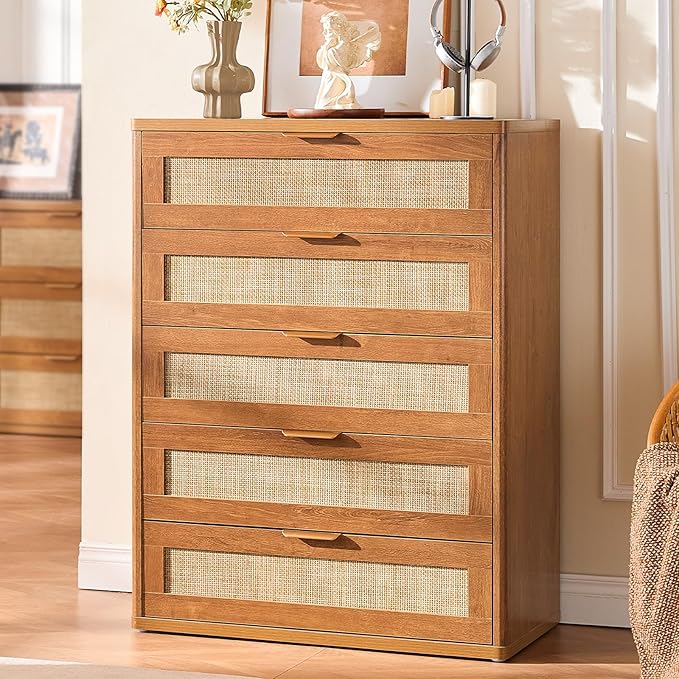 LEYAOYAO Rattan Dresser for Bedroom, 41" Tall Dressers Chest of Drawers, Boho Small Dressers with 5 Drawers, Tea Brown Dresser Wooden Closet Organizer for Living Room, Hallway