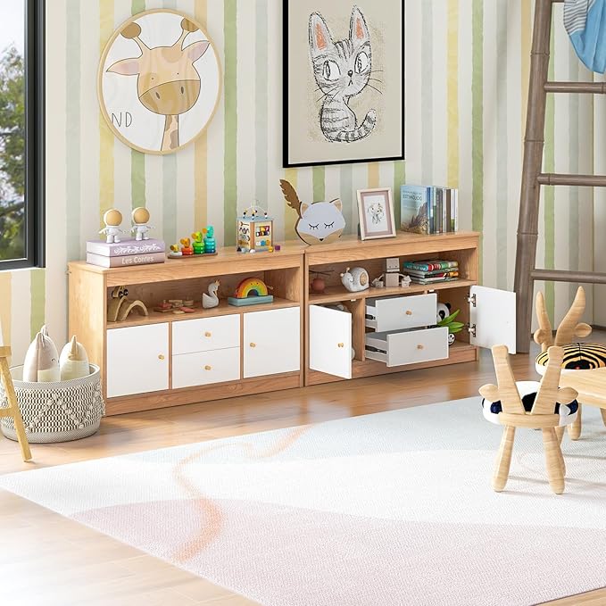 HONEY JOY Kids Toy Storage Organizer, Wooden Floor Storage Cabinet Toy Chest w/Open Shelf, 2 Drawers & 2 Cubbies, Kids Display Bookshelf for Classroom, Playroom & Nursery, Kindergarten (Natural)