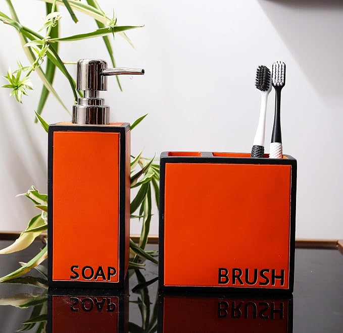 Hymmah Bathroom Accessories Set,Toothbrush Holder,Farmhouse Bathroom Decor,4 Pcs Resin Gift Set Apartment Necessities, Contain Toothbrush Cup,Soap Dispenser,Soap Dish,Tumbler Orange