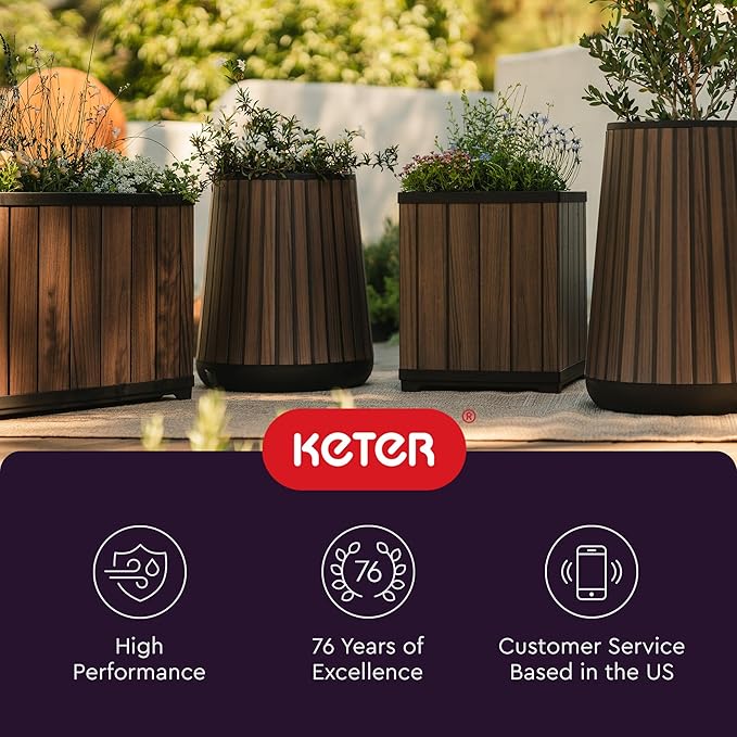 Keter Signature 21.6 Inch Tall Square Large Wood Look Planter for Indoor or Outdoor Flower Pot Ideal for Patio Deck and Front Porch Decor, Rosewood