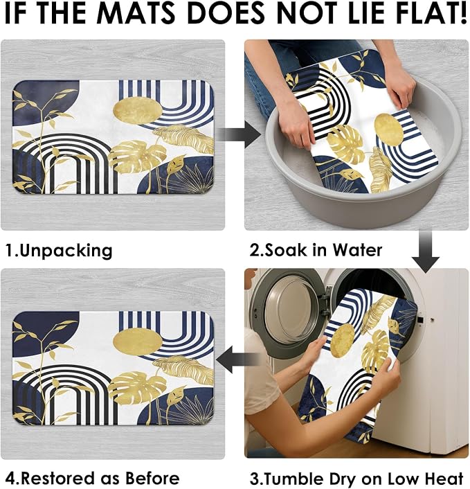 Boho Blue Shower Curtain Set with Toilet Lid Cover and Non-Slip Rugs, Abstract Botanical Navy Gold 4 Pcs Modern Minimalist Vintage Shower Curtain for Bathroom Set with 12 Hooks