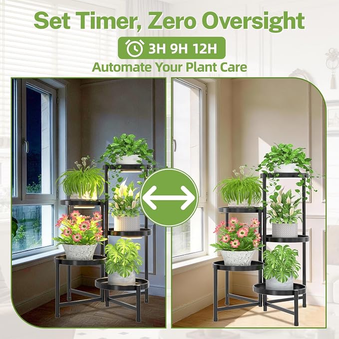 iDavosic.ly 5 Tier Large Plant Stand Indoor with Grow Light, Tiered Corner Metal Outdoor Flower Display Holder Shelf with 10 Inch Wide Tray, Folding Tall Rack for Patio Porch Living Room, Black