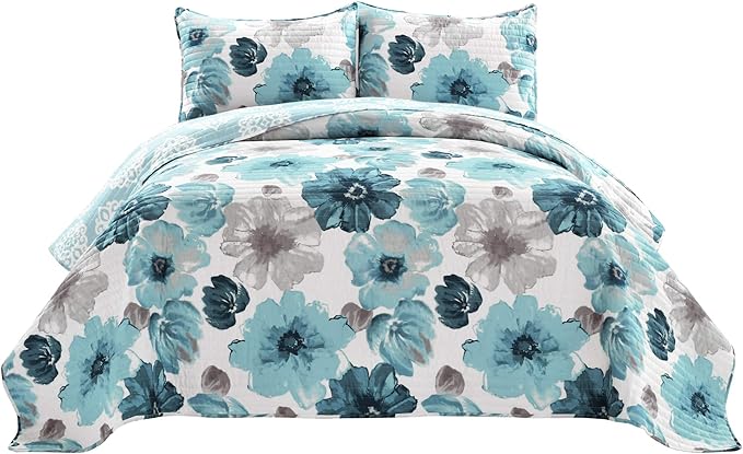 Lush Decor Leah Reversible Floral Quilt Set, 3 Piece Set, Full/ Queen, Blue - Watercolor Botanical - Cottage Core - French Country Decor- Bedding Queen Size