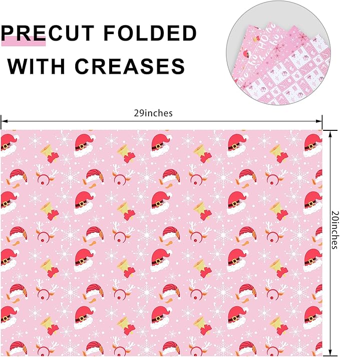 PlandRichW Pink Christmas Wrapping Paper 12 Sheets Folded for Girls Kids Adults, 20 x 29 inches Gift Wrap 4 Designs including HO Prints, Santa Claus, Snowflakes and Reindeer Holiday Collection