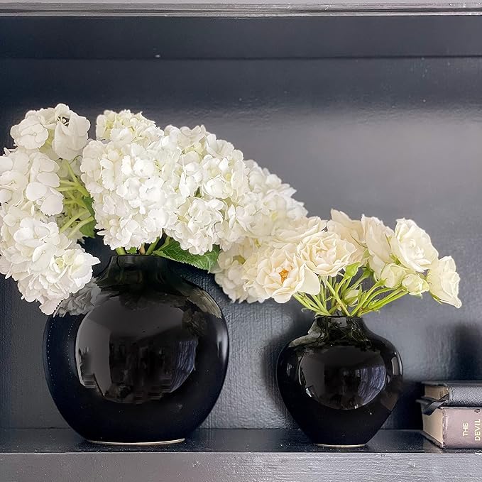 Willowy 7.5 Inch Large Black Ceramic Vase with Glossy Finish - Black Vases for Centerpieces, Vases for Home Decor, Round Gothic Vase for Flowers