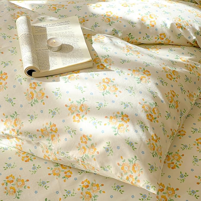 EAVD Yellow Floral Duvet Cover King Size Soft 100% Cotton Soft Botanical Floral Cottagecore Bedding Set with 2 Pillowcases Aesthetic Floral Comforter Set with Zipper Closure