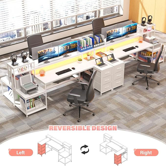 EnHomee 71" L Shaped Gaming Desk with LED Lights, White Computer Desk with Drawers and Printer Shelf, Power Outlet, Reversible Home Office Desks with Storage and Monitor Stand