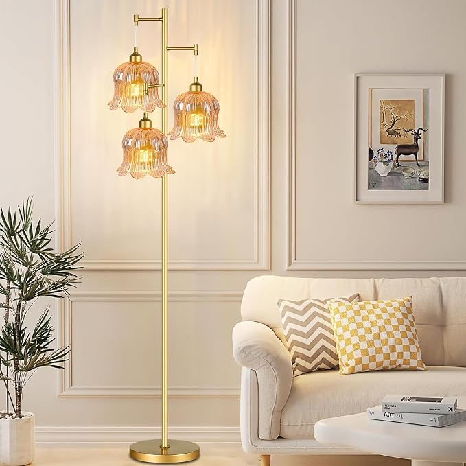 QIYIZM Glass Floor Lamp for Living Room,Bedroom,Mid Century Modern Standing Lamp Brass Tree 3 Light Tall Floor Lamps Vintage Floor Lights Gold Tulip Flower Lamp Shade Farmhouse Boho Bohemian