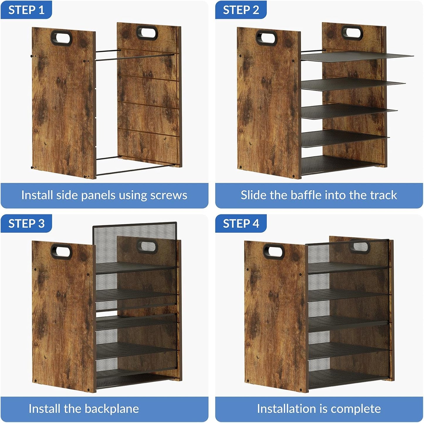 5 Tier Wood Paper Organizer - Metal Office Organizer with Handle | Mesh File Holder for Home & School