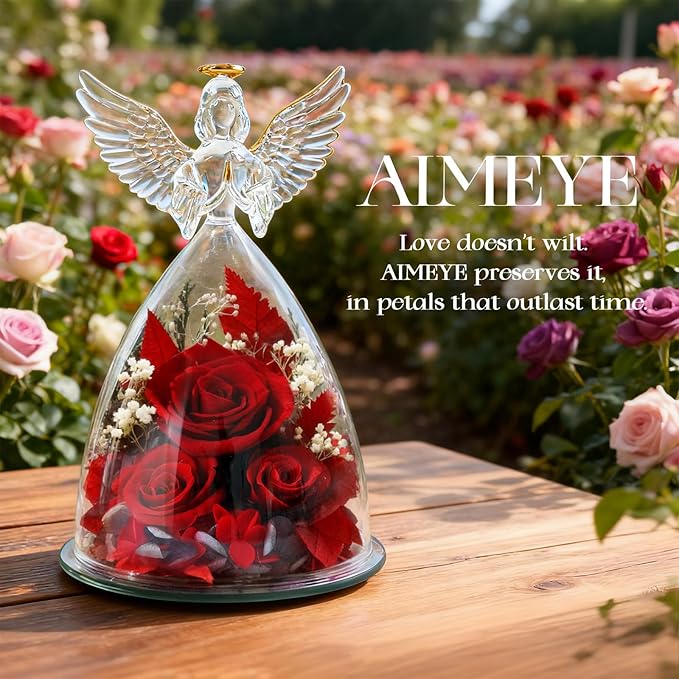 Christmas Roses Gifts for Mom,Preserved Real Flowers Roses in Glass Angel Figurines, for Grandma Women Mom Wife Mother in Law/Red