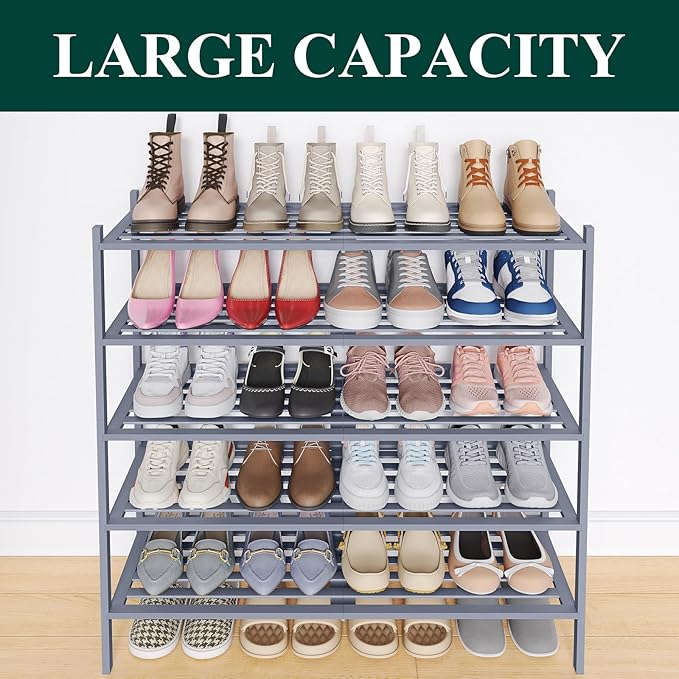 Smiry Long Bamboo Shoe Rack 5-Tier, Stackable Wooden Shoe Organizer for Entryway & Closet, Free Standing Wood Shoe Storage Shelf for Front Door & Small Spaces, Grey