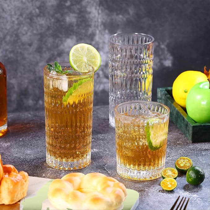 Loivttvv Glassware Drinking Glasses Set of 8, 14 oz Highball Glasses & 10 oz Ribbed Glass Cups, Vintage Glassware for Water, Juice, Cocktail, Whiskey (Clear)