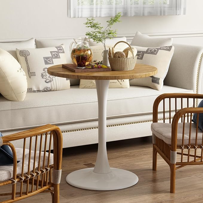 Round Dining Table 27.5" Circle Tulip Table with Wood Thickened Tabletop & Sturdy Metal Pedestal Mid Century Modern Leisure Bistro Kitchen Tables 4 People Small Places Living Room Cafe,Oak