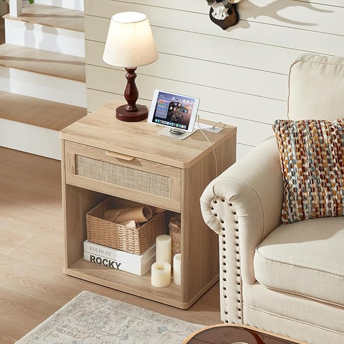 LEYAOYAO Rattan Nightstand with Charging Station, Natural Wood Night Stand with Drawer, 23" Wide Boho Bedside Table with Storage Shelf, Bed Side End Tables for Bedroom, Living Room, Hallway