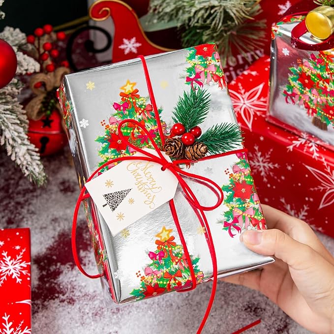 MAYPLUSS Christmas Wrapping Paper Roll - 17IN X 33FT - Silver Gift Wrapping Paper Featuring Christmas Tree Bow Reversible Snowflake for Kids, Holiday, New Year