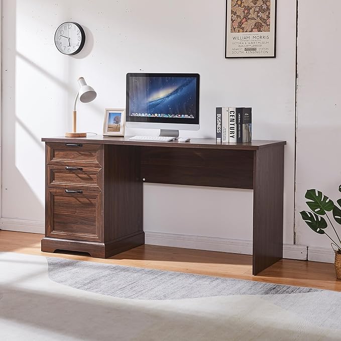 60" Farmhouse Executive Desk with Charging Station,Home Office Desk with 2 Drawers &1 File Cabinet,Fluted Computer Desk for Office and Home (Walnut)