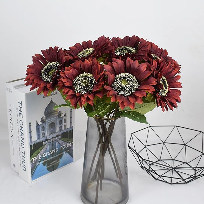 Red Artificial Sunflower Flowers 8 Pcs Single Long Stem Silk Fake Sunflowers Bridal Wedding Bouquet Fake Yellow Flower Arrangements for Outdoor