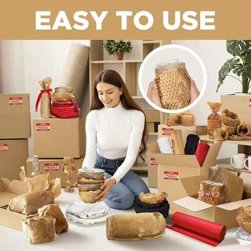 Honeycomb Packing Paper - 12"x200' Brown | Recyclable Perforated Packing Supplies | Eco-Friendly Alternative to Bubble Wrap with 36 Fragile Stickers
