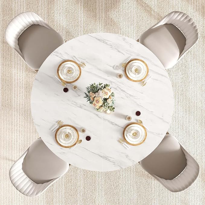 IBF Round Marble Dining Table,Dinner Tables for Kitchen 4-6,47 Inch Modern Pedestal Dining Room Table for Kitchen,Office,Living Room,White Marble