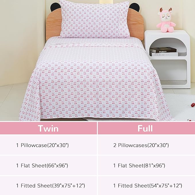 Viviland 4 Pieces Girls Pink Full Sheet Set - Soft Microfiber Fitted Flat Sheets & Pillowcase - Pink Cherry Bow Print Bedding Sets - for Kids & Toddlers