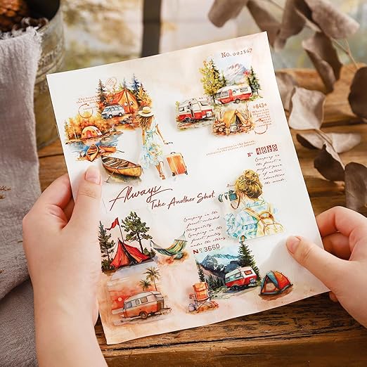 AuriicLeaf Forest Camping Theme PET Tape Set, 6 Rolls of Nature Adventure Stickers for Scrapbooking, Junk Journaling, DIY Crafts, and Art Supplies