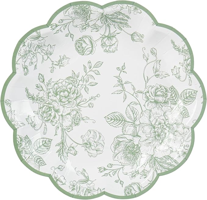 48 Pcs Sage Green Floral Party Plates Vintage Floral Leaf Disposable Paper Plates Wildflower Green Toile 7" Scalloped Rim Dessert Plates for Christmas Birthday Bridal Tea Party Supplies