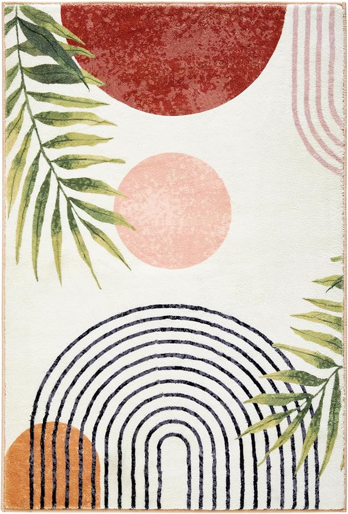 RoomTalks Boho Cute Bathroom Rugs Bath Mat Non Slip Washable, Modern Abstract Geometric Shape with Tropical Leaves 2x3 Small Area Rug for Bedroom Kitchen, Neutral Contemporary Retro Indoor Entry Rug