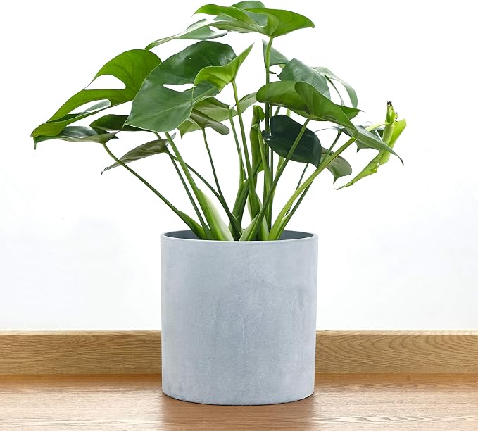 FaithLand 10 Inch Fiberstone Planter - Lightweight Modern Cylinder Plant Pot with Drainage Hole & Plug, Authentic Concrete Look, Gray