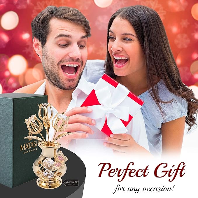 Matashi 24K Gold Plated Crystal Studded Flower Ornament in a Vase with Decorative Butterfly, Christmas, Mother's Day, Valentine's Gift, Tabletop Centerpiece (Clear Crystals)