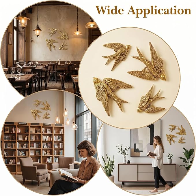 MAQUITA 4 Pcs Vintage Bird Wall Sculpture Decor Art, Antique Gold 3D Swallow Resin Wall Decor, Small Bird Walls Decors for Living Room, Bedroom, Gallery, and Garden (2 Large & 2 Small)
