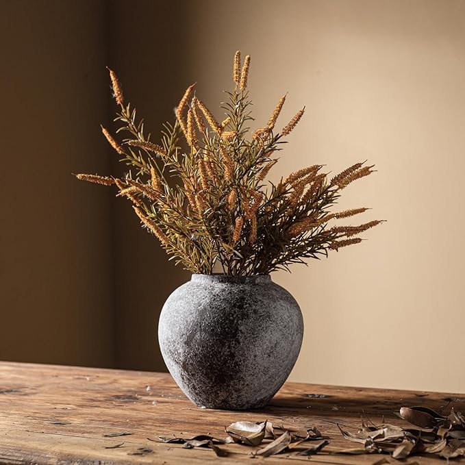 Rustic Distressed Large Ceramic Vase, 8.6 inch Terracotta Pottery Tall Decorative Vases, Concrete Vases Clay Stone Antique Big Vase for Home Decor (Round 8.6 in X 8 in)