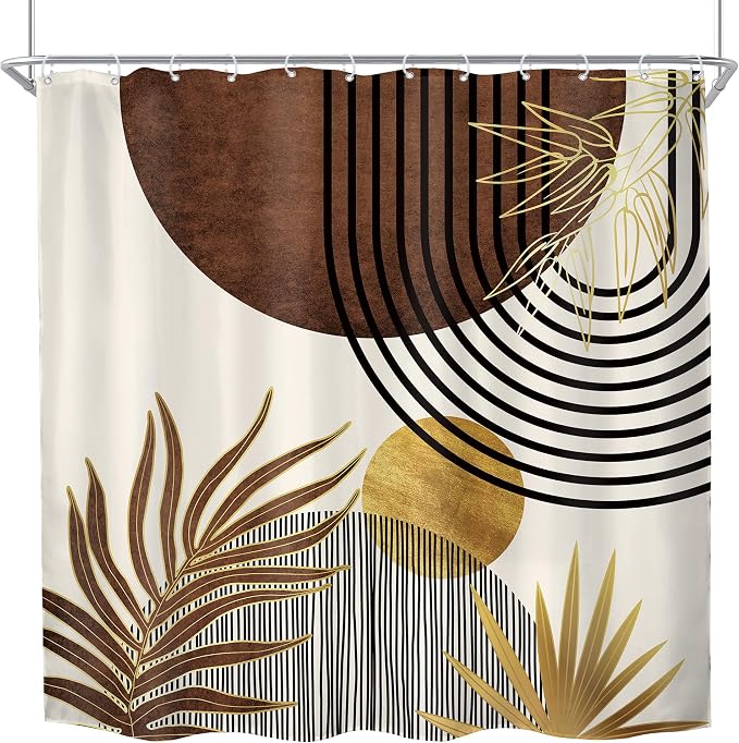 KOMLLEX Mid Century Brown Boho Shower Curtain for Bathroom Decor 72Wx72H Inches Abstract Modern Gold Minimalist Arch Sun Geometric Leaves Neutral Fabric Waterproof Polyester 12 Pack Hooks Pack Hooks
