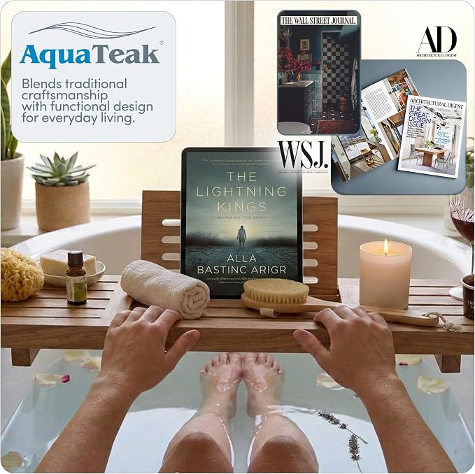 AquaTeak 30" Manada Teak Bathtub Tray Caddy - Durable, Water-Resistant Bath Tray for Tub with Foldable Book & Tablet Stand - Fits Standard Soaking Bathtubs - Bathroom Accessories for Spa
