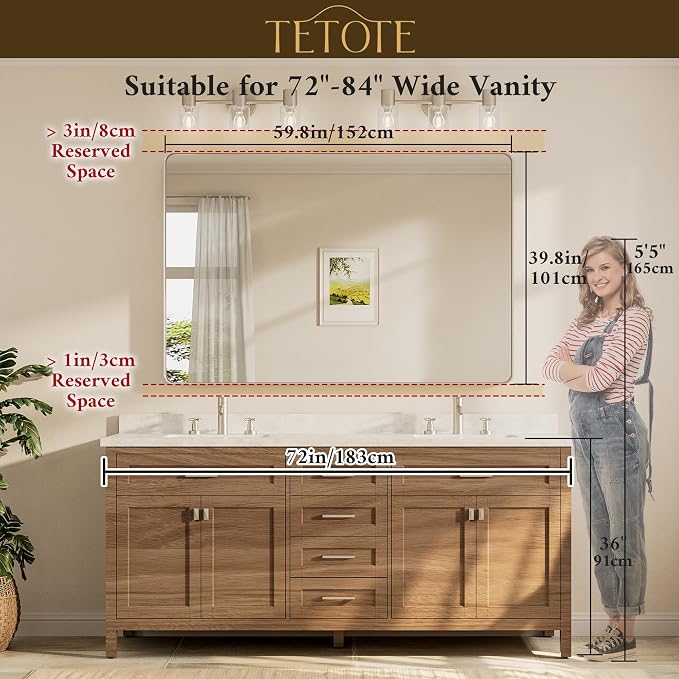 TETOTE 60 x 40 Inch Brushed Gold Frame Mirror, Brass Bathroom Vanity Mirror for Wall, Modern Rectangle Round Corner Matte Framed Mirror (Horizontal/Vertical)