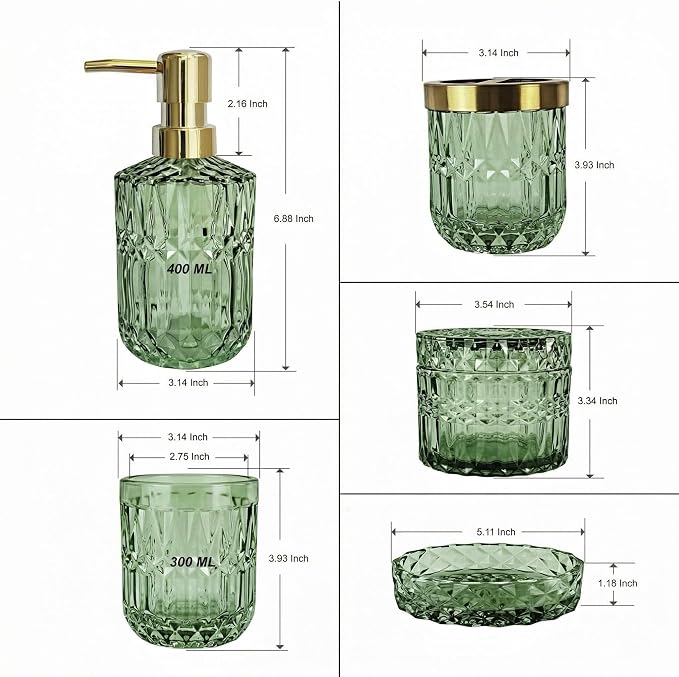 LaMarriti Green Bathroom Accessories Set, 6 Pcs Clear Glass Bathroom Set, Soap Dispenser, Soap Dish, Toothbrush Holder, Tumbler, Q-Tips Holder for Vintage Crystal Bathroom Decor, Gift Set