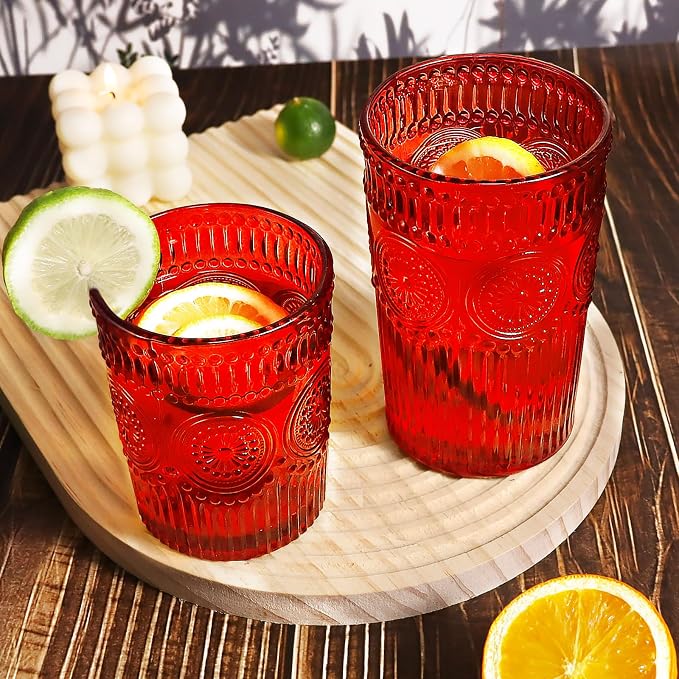 Loivttvv 12pcs Vintage Drinking Glasses Set, 12 oz Highball Glasses & 9 oz Embossed Ribbed Glassware Cups for Cocktail, Water, Juice, Coffee, Whiskey (Christmas Red)