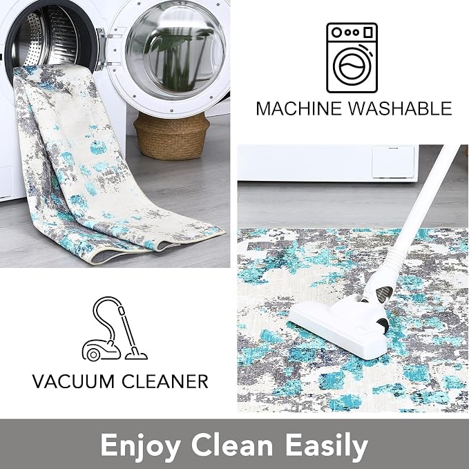 GAOMON Washable 2x6 Rugs Modern Abstract Colorful Carpet Runner Non Slip Hallway Rug Low Pile Boho Chic Watercolor Design Long Rug for Bedroom Kitchen, Blue/Grey