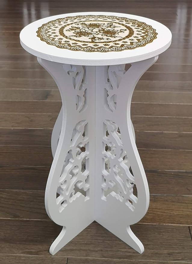 Beautiful White PVC Board Flower Plant and Vase Stand Display with Intricate Carvings and Gold Ornate Floral Nonslip Mat, Waterproof for Indoor and Outdoor Use (16.5" H x 10" W)