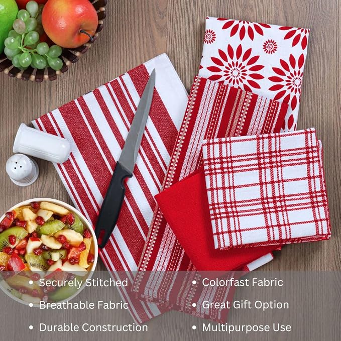 WeWove Assorted Kitchen Towels Set of 5-100% Cotton Dish Cloths Towels with Hanging Loop - Soft Absorbent Washable Reusable for Kitchen Use - Quick Drying 16x26 inch Dish Towels Red