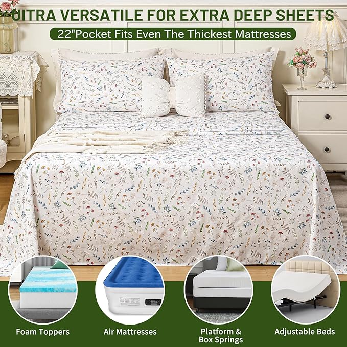 Bedlifes Extra Deep Pocket 18-24" Queen 4-Piece Sheet Set - Cooling Sheets Blend Rayon Derived from Bamboo Soft & Breathable Floral Design