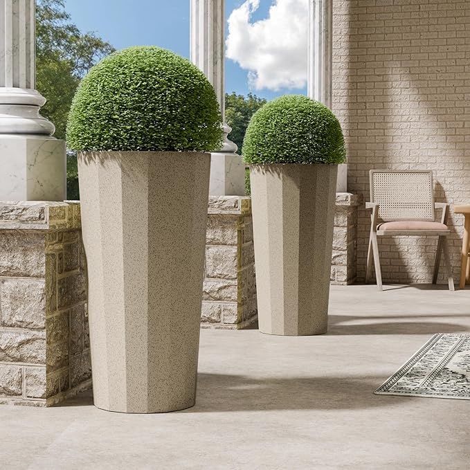 23.6" Tall Outdoor Planters Set of 2, Large Planters for Outdoor Plants for Porch Decor with Drainage Hole, Wide Stripe Design Porch Flower Pots for Indoor Pot Patio/Garden, Off White