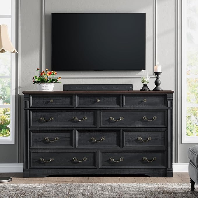 Farmhouse 10 Drawers Dresser, 59" Wide Rustic Chest of Drawers, Black Dresser for Bedroom with Chic Wood Pilasters, Storage Organizer for Living Room, Hallway